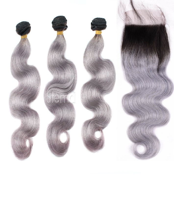 Stema 1B/Grey Body Wave Virgin Hair Bundles With 4x4 Lace Closure 